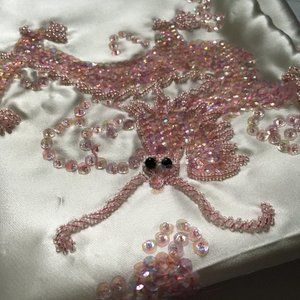 Pink sequined phoenix & dragon on off-white silk
